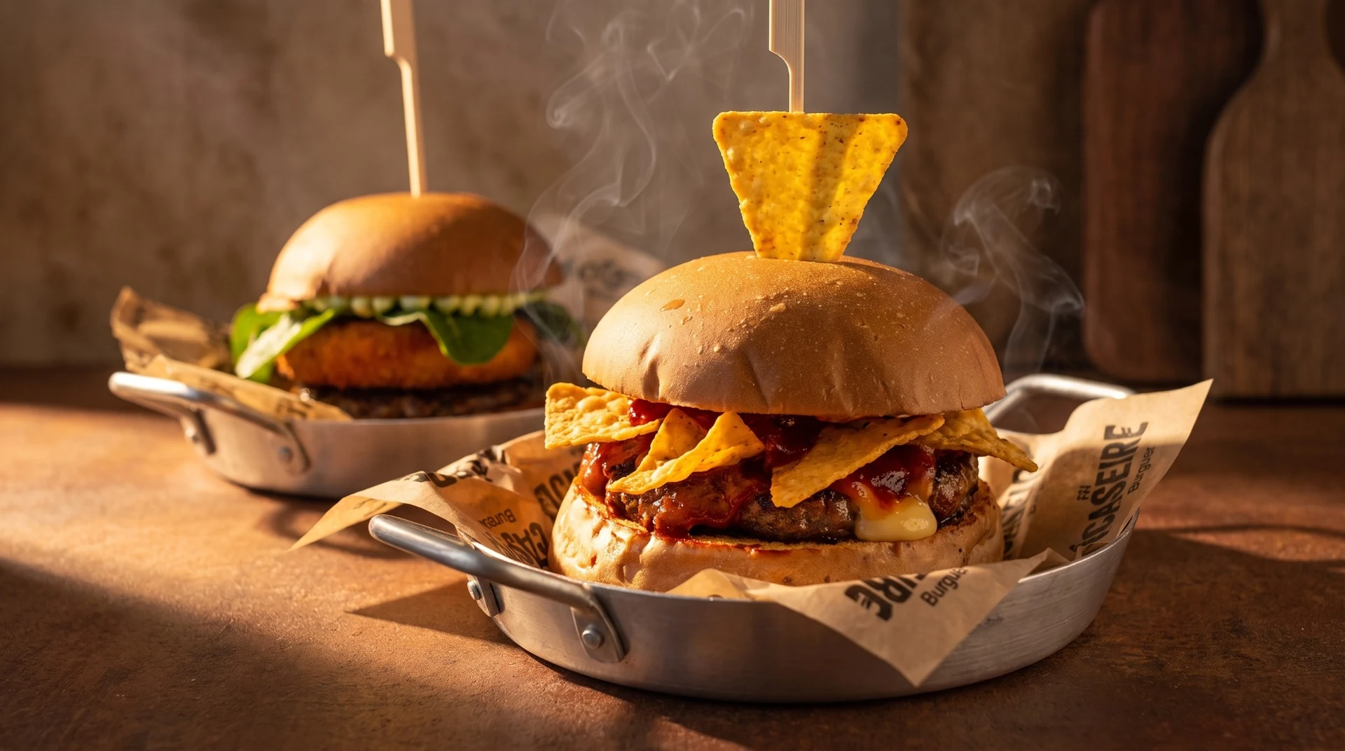 Hambúrguer artesanal com queijo, molho e nachos crocantes